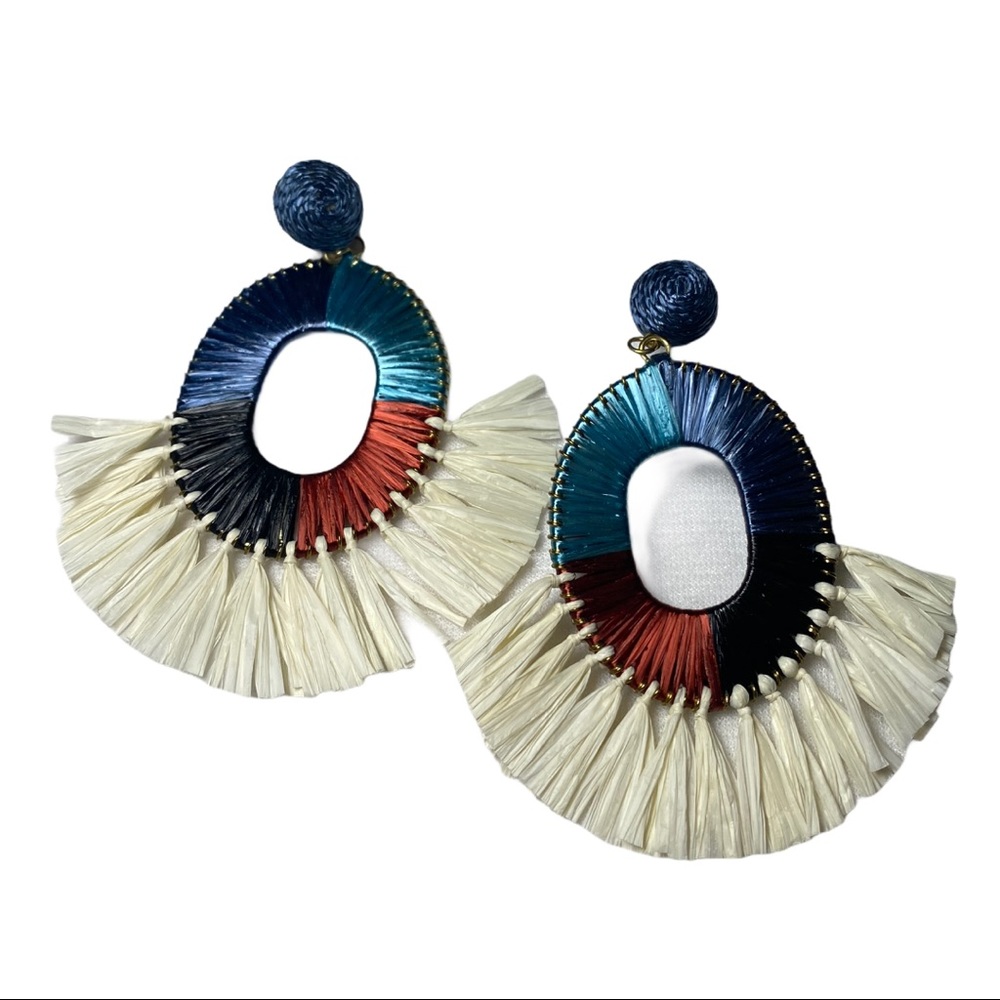 NWT Blue Multi Colored Raffia Earrings